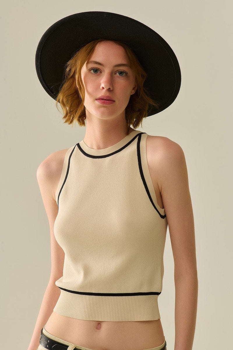 Q2 Women's Sweater One Size / Beige Sleeveless Sweater In Beige Featuring Detail Black Lines