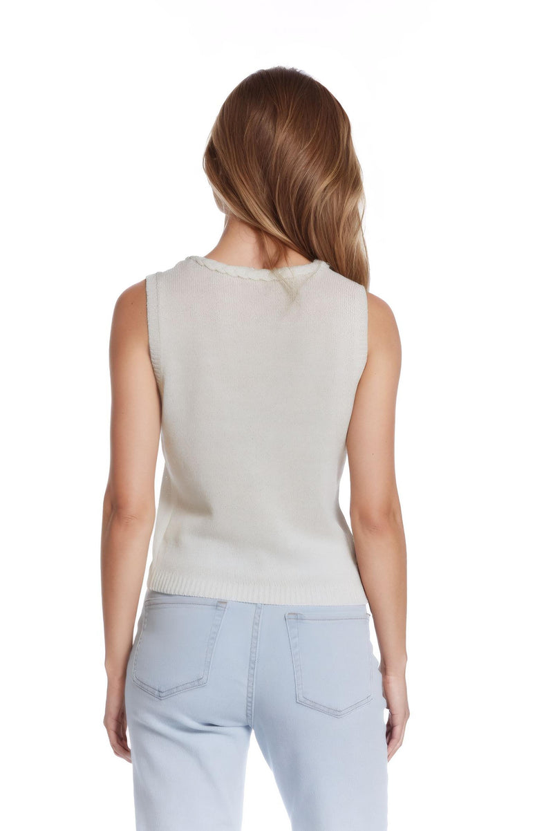 Q2 Women's Sweater One Size / Beige Sleeveless White Sweater With Crew Neckline And Braid Detail At Neckline