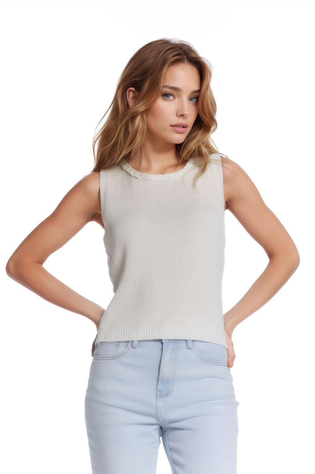 Q2 Women's Sweater One Size / Beige Sleeveless White Sweater With Crew Neckline And Braid Detail At Neckline