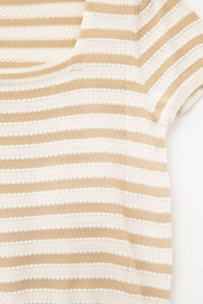 Q2 Women's Sweater One Size / Beige Square Neck Stripped Sweater In Beige And Camel