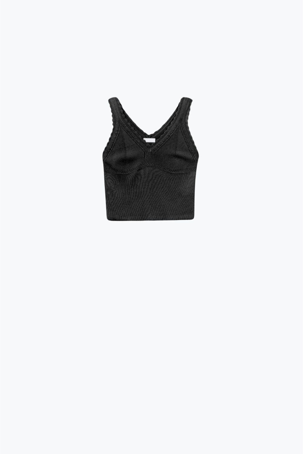 Q2 Women's Sweater One Size / Black Black Knit V-Neck Top With Scalloped Edges