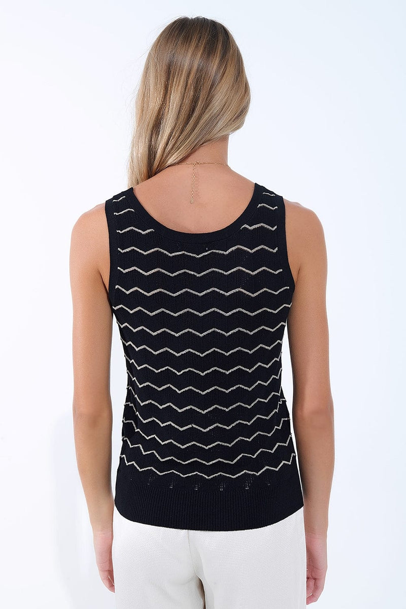 Q2 Women's Sweater One Size / Black Black Knitted Sweater With Golden Zigzag Pattern