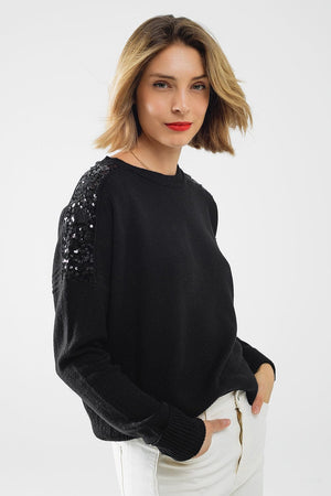 Q2 Women's Sweater One Size / Black Black Long Sleeves Sweater With Sequins On The Shoulders