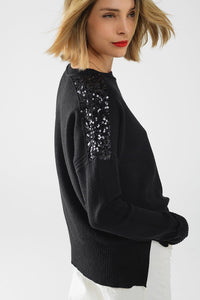 Q2 Women's Sweater One Size / Black Black Long Sleeves Sweater With Sequins On The Shoulders