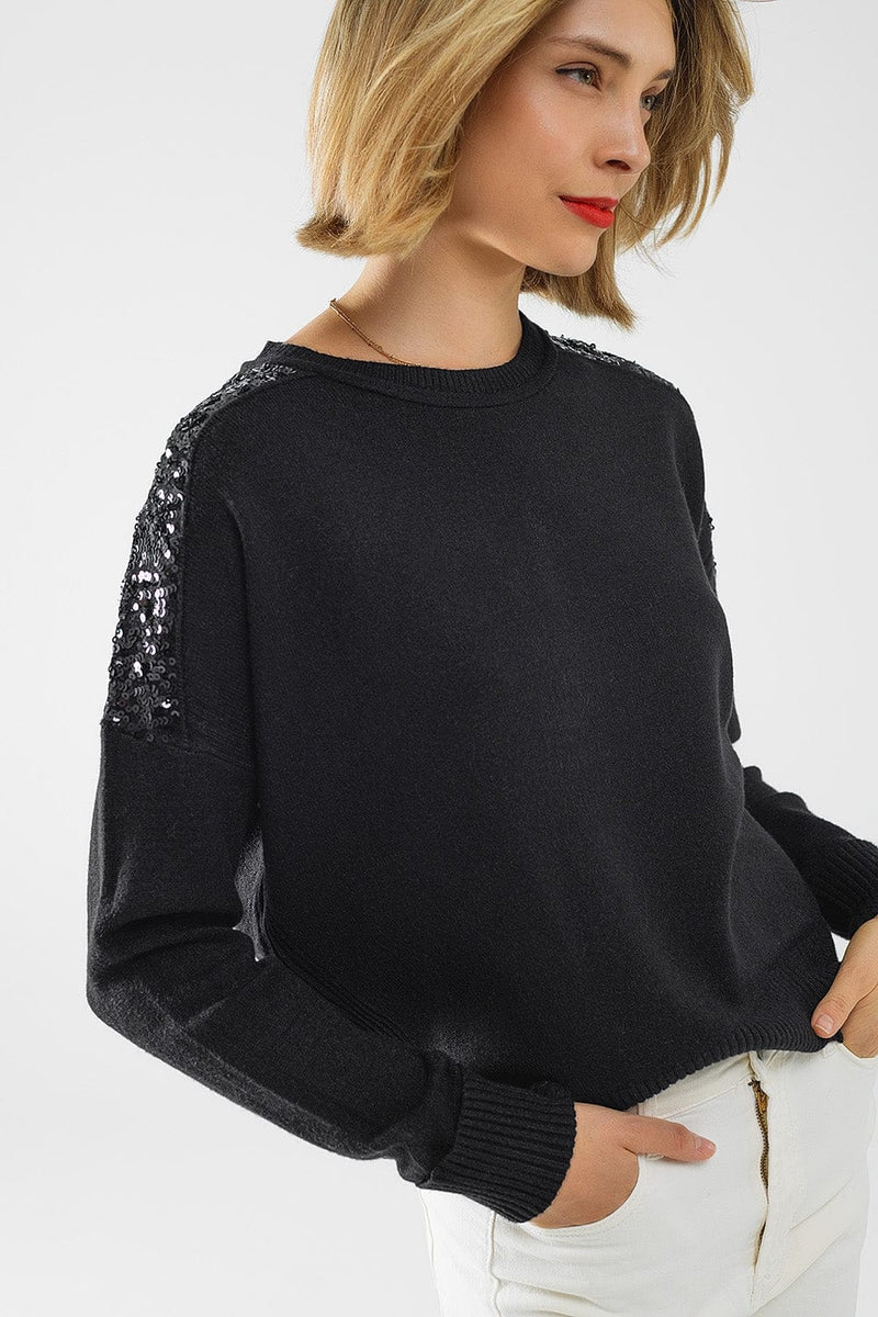 Q2 Women's Sweater One Size / Black Black Long Sleeves Sweater With Sequins On The Shoulders