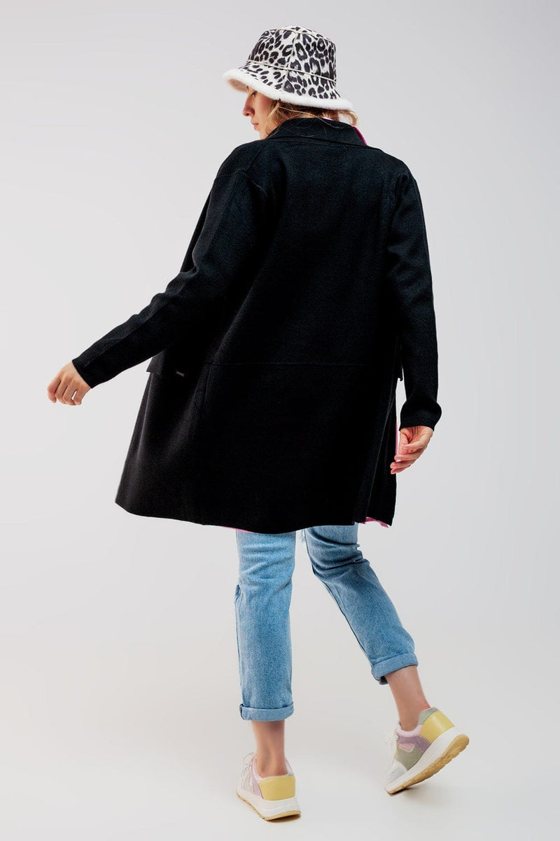 Q2 Women's Sweater One Size / Black / China Oversized Collar Maxi Cardigan in Black