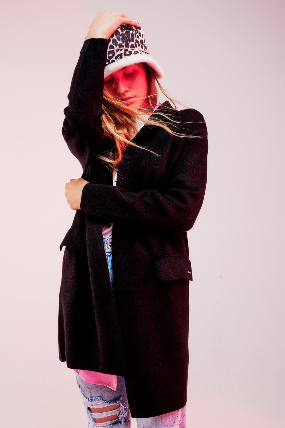 Q2 Women's Sweater One Size / Black / China Oversized Collar Maxi Cardigan in Black
