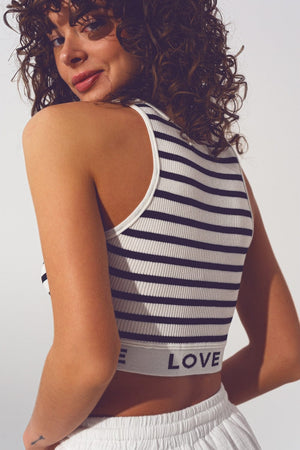 Q2 Women's Sweater One Size / Black / China Striped Cropped Top with Love Text in White