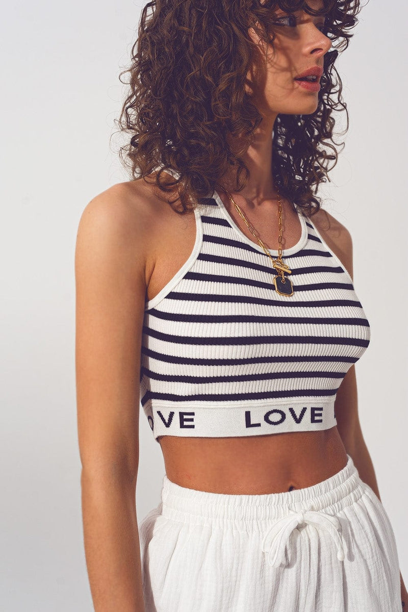 Q2 Women's Sweater One Size / Black / China Striped Cropped Top with Love Text in White