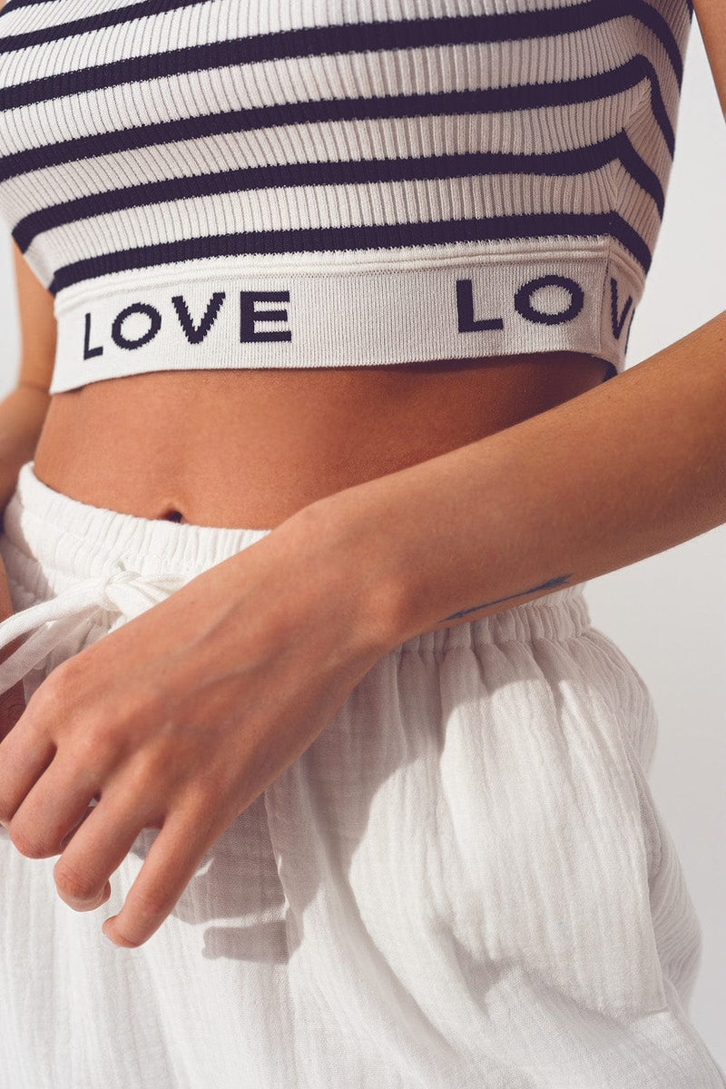 Q2 Women's Sweater One Size / Black / China Striped Cropped Top with Love Text in White