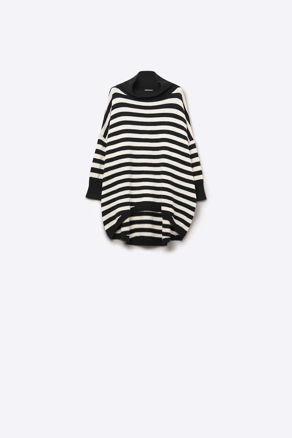 Q2 Women's Sweater One Size / Black High Neck Oversized Sweater With Bat Wings And Stripes In Black And White