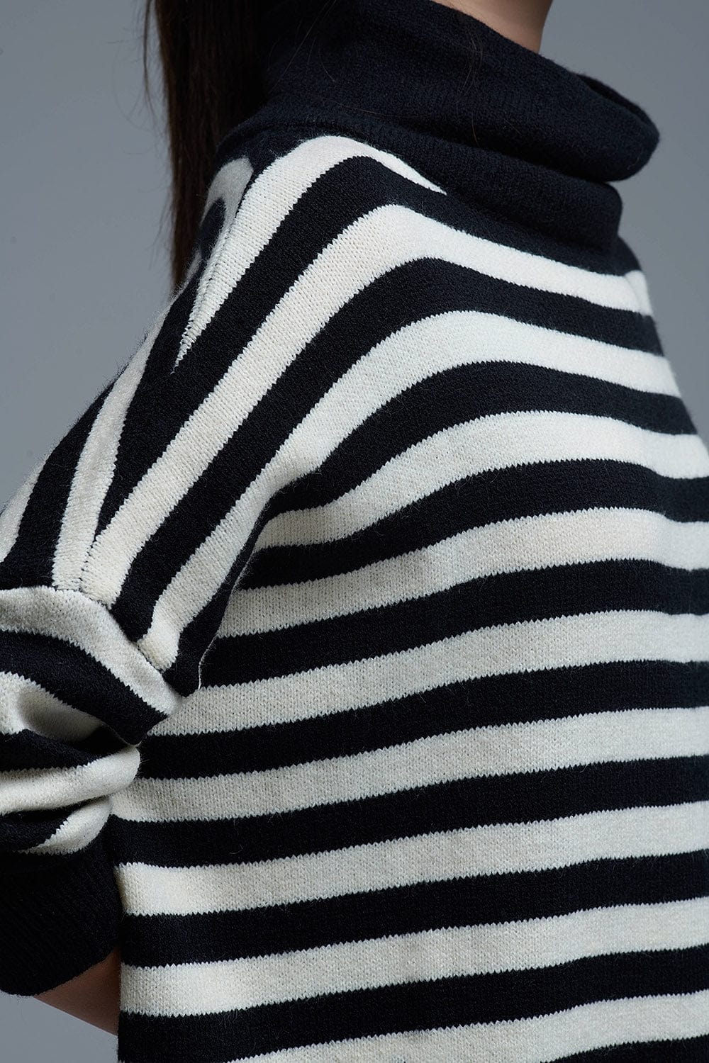 Q2 Women's Sweater One Size / Black High Neck Oversized Sweater With Bat Wings And Stripes In Black And White