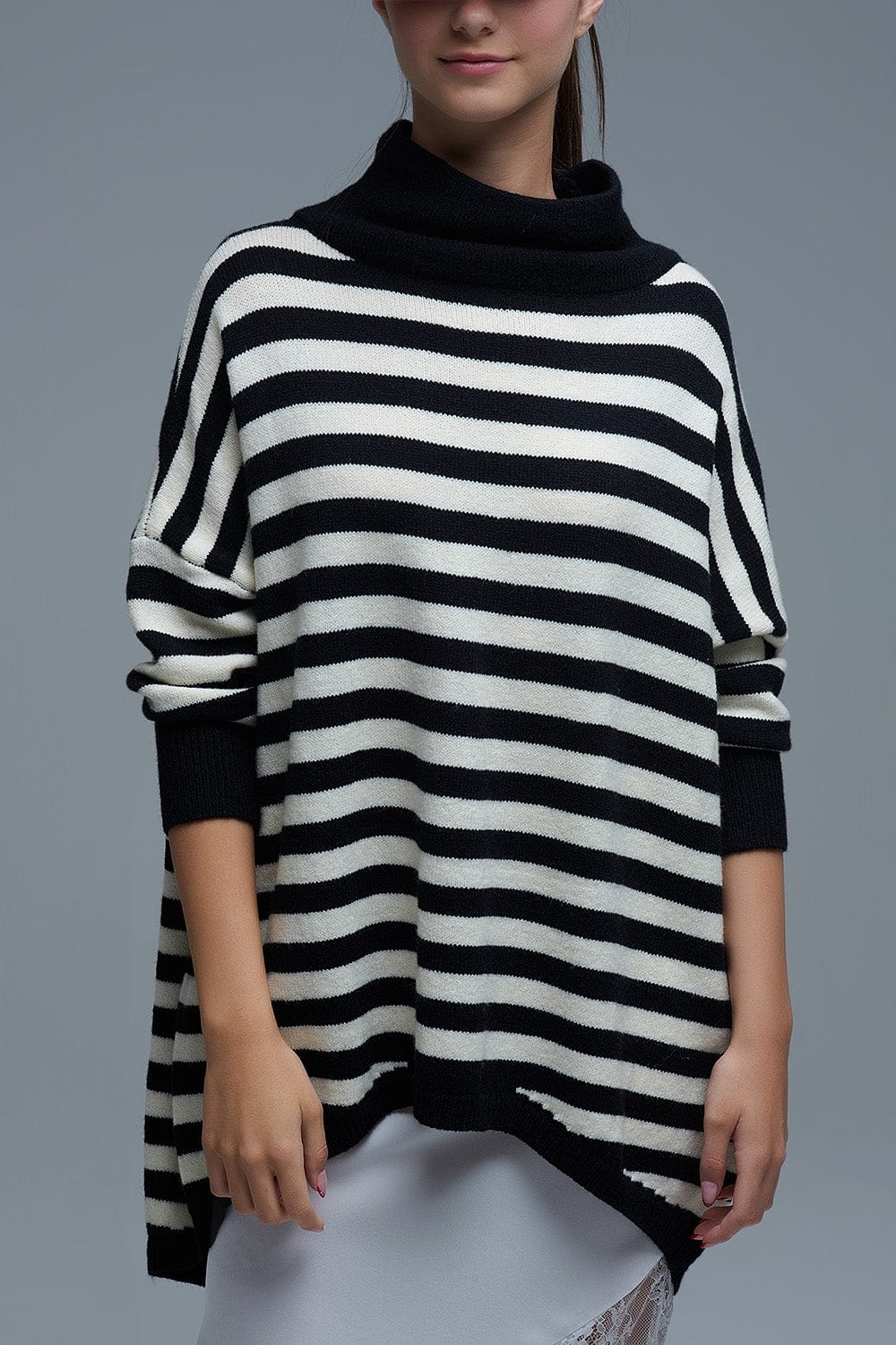 Q2 Women's Sweater One Size / Black High Neck Oversized Sweater With Bat Wings And Stripes In Black And White