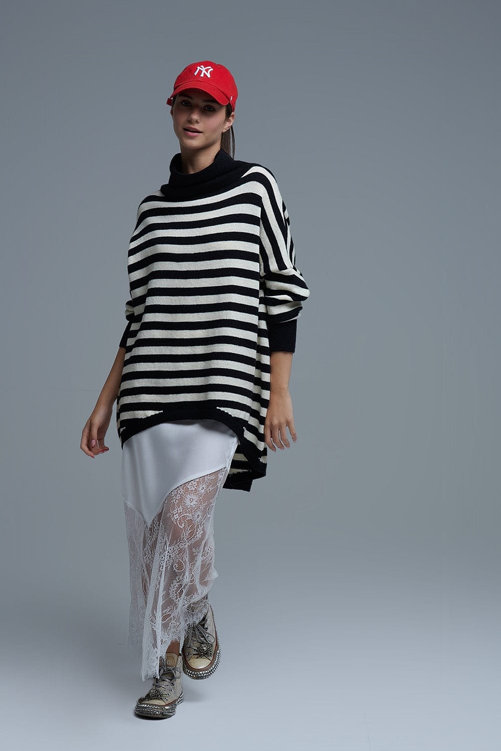 Q2 Women's Sweater One Size / Black High Neck Oversized Sweater With Bat Wings And Stripes In Black And White