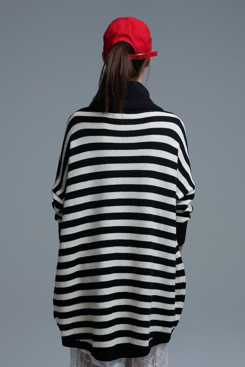 Q2 Women's Sweater One Size / Black High Neck Oversized Sweater With Bat Wings And Stripes In Black And White