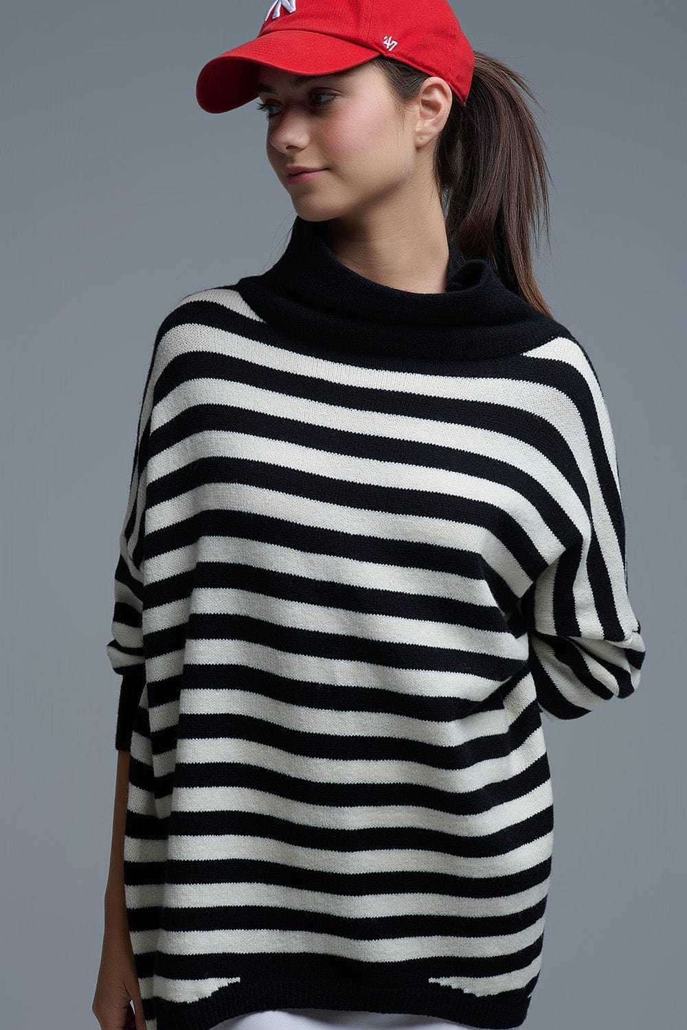 Q2 Women's Sweater One Size / Black High Neck Oversized Sweater With Bat Wings And Stripes In Black And White