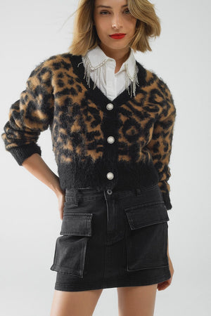 Q2 Women's Sweater One Size / Black Leopard Print Cardigan Made Of Knitted Fabric With Wool In Camel