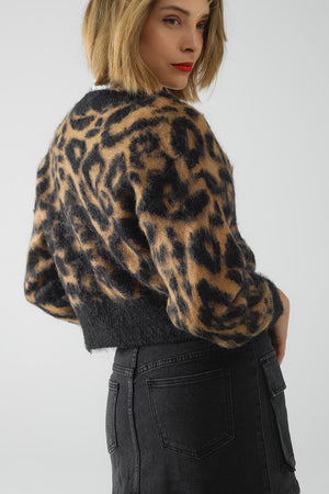 Q2 Women's Sweater One Size / Black Leopard Print Cardigan Made Of Knitted Fabric With Wool In Camel