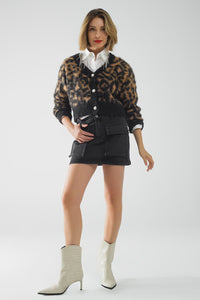 Q2 Women's Sweater One Size / Black Leopard Print Cardigan Made Of Knitted Fabric With Wool In Camel