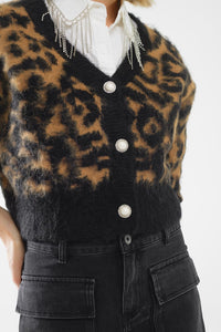 Q2 Women's Sweater One Size / Black Leopard Print Cardigan Made Of Knitted Fabric With Wool In Camel