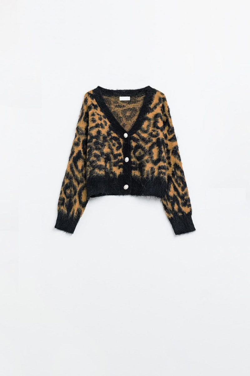 Q2 Women's Sweater One Size / Black Leopard Print Cardigan Made Of Knitted Fabric With Wool In Camel