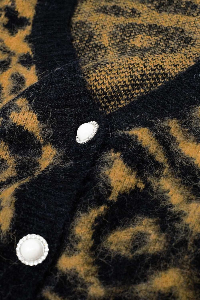 Q2 Women's Sweater One Size / Black Leopard Print Cardigan Made Of Knitted Fabric With Wool In Camel