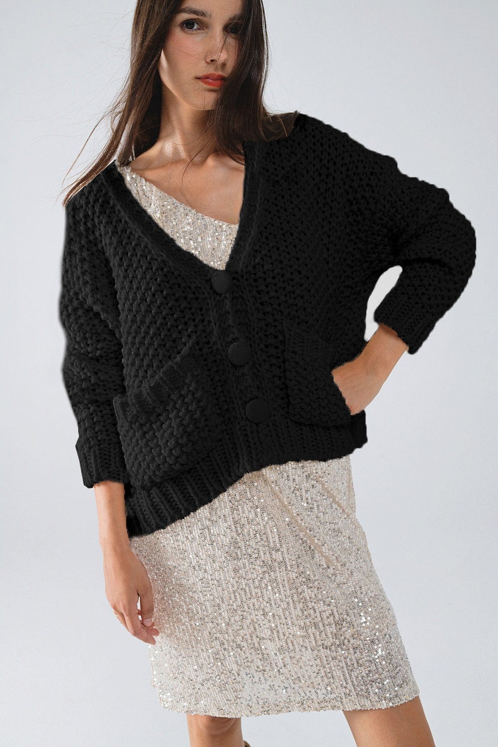 Q2 Women's Sweater One Size / Black Oversized Black Chunky Knit Jacket With Pockets