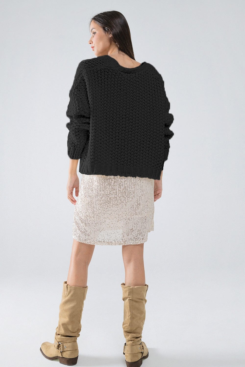 Q2 Women's Sweater One Size / Black Oversized Black Chunky Knit Jacket With Pockets