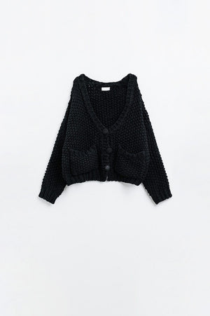 Q2 Women's Sweater One Size / Black Oversized Black Chunky Knit Jacket With Pockets