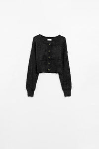 Q2 Women's Sweater One Size / Black Short And Fluffy Black Cardigan With Flower Buttons