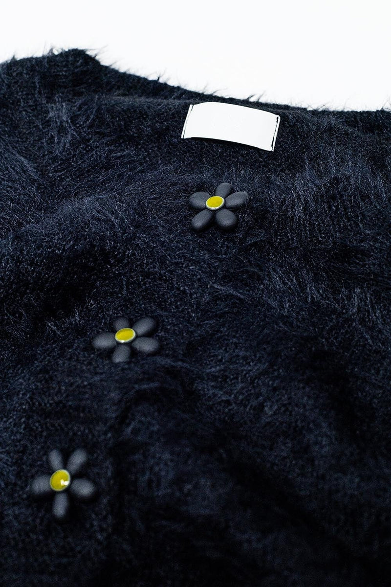 Q2 Women's Sweater One Size / Black Short And Fluffy Black Cardigan With Flower Buttons