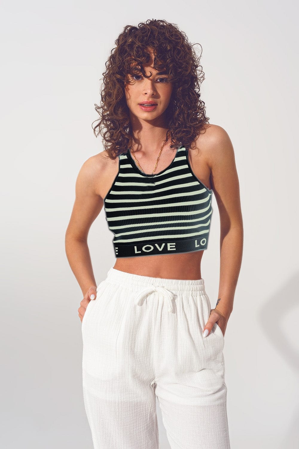 Q2 Women's Sweater One Size / Black Striped Cropped Top With Love Text In Black And Beige