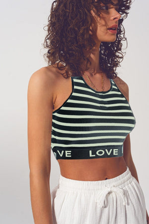 Q2 Women's Sweater One Size / Black Striped Cropped Top With Love Text In Black And Beige