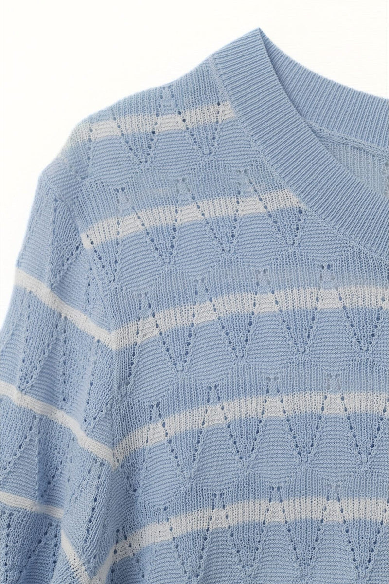 Q2 Women's Sweater One Size / Blue Baby Blue Openwork Knit Top With Short Sleeves And White Stripes