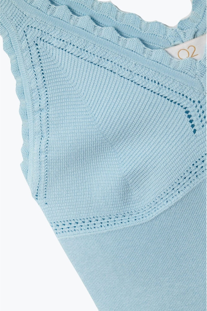 Q2 Women's Sweater One Size / Blue Baby Blue Ribbed Knit Top With Scalloped V-Neck
