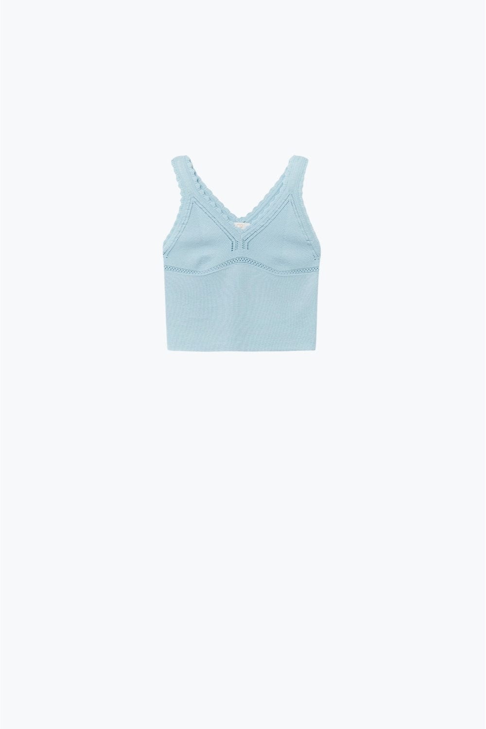 Q2 Women's Sweater One Size / Blue Baby Blue Ribbed Knit Top With Scalloped V-Neck