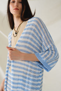 Q2 Women's Sweater One Size / Blue Blue Boho Style Cardigan With Stripes Pointelle Knit And Fringe Details