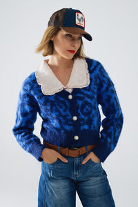 Q2 Women's Sweater One Size / Blue Blue Leopard Print Cardigan Made Of Knitted Fabric With Wool