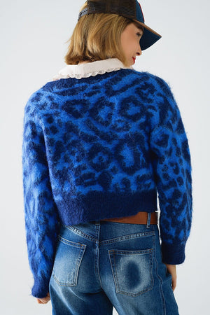 Q2 Women's Sweater One Size / Blue Blue Leopard Print Cardigan Made Of Knitted Fabric With Wool