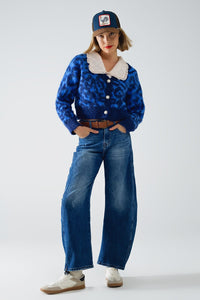 Q2 Women's Sweater One Size / Blue Blue Leopard Print Cardigan Made Of Knitted Fabric With Wool