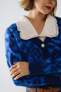 Q2 Women's Sweater One Size / Blue Blue Leopard Print Cardigan Made Of Knitted Fabric With Wool