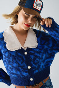 Q2 Women's Sweater One Size / Blue Blue Leopard Print Cardigan Made Of Knitted Fabric With Wool