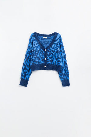 Q2 Women's Sweater One Size / Blue Blue Leopard Print Cardigan Made Of Knitted Fabric With Wool