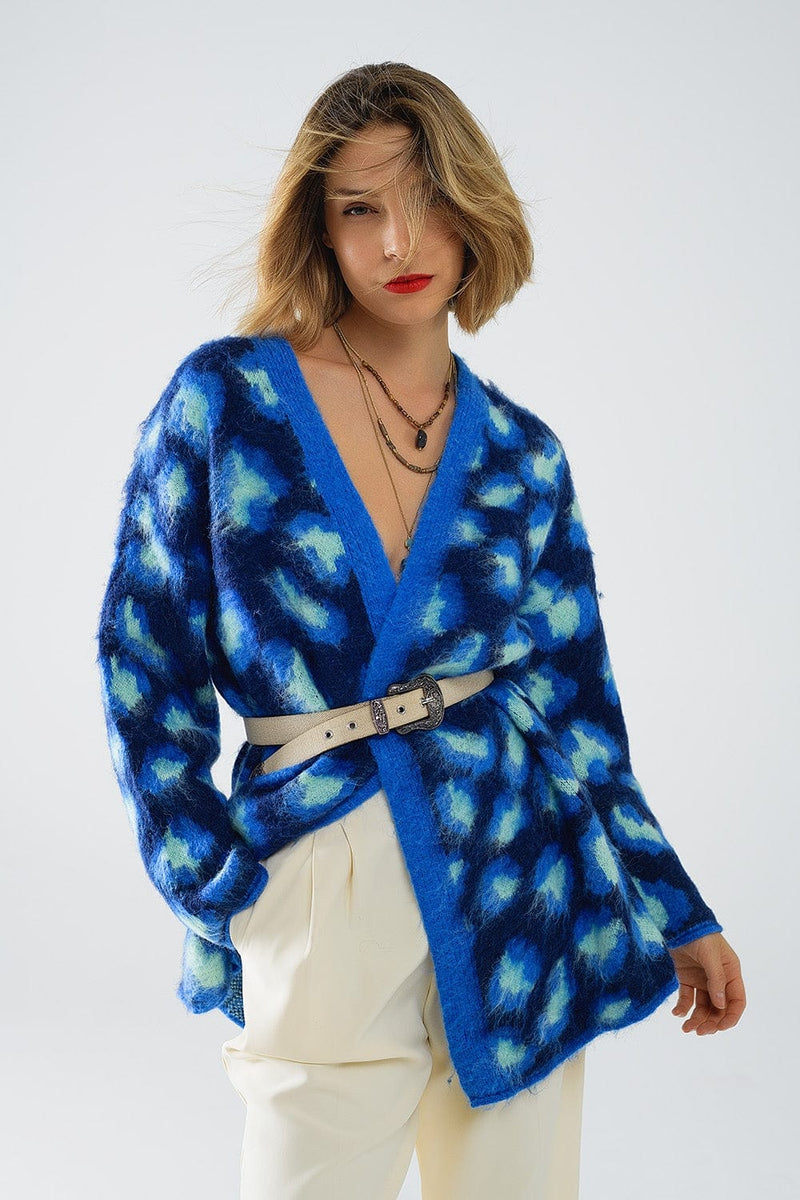 Q2 Women's Sweater One Size / Blue Blue Leopard Print Cardigan With Wool