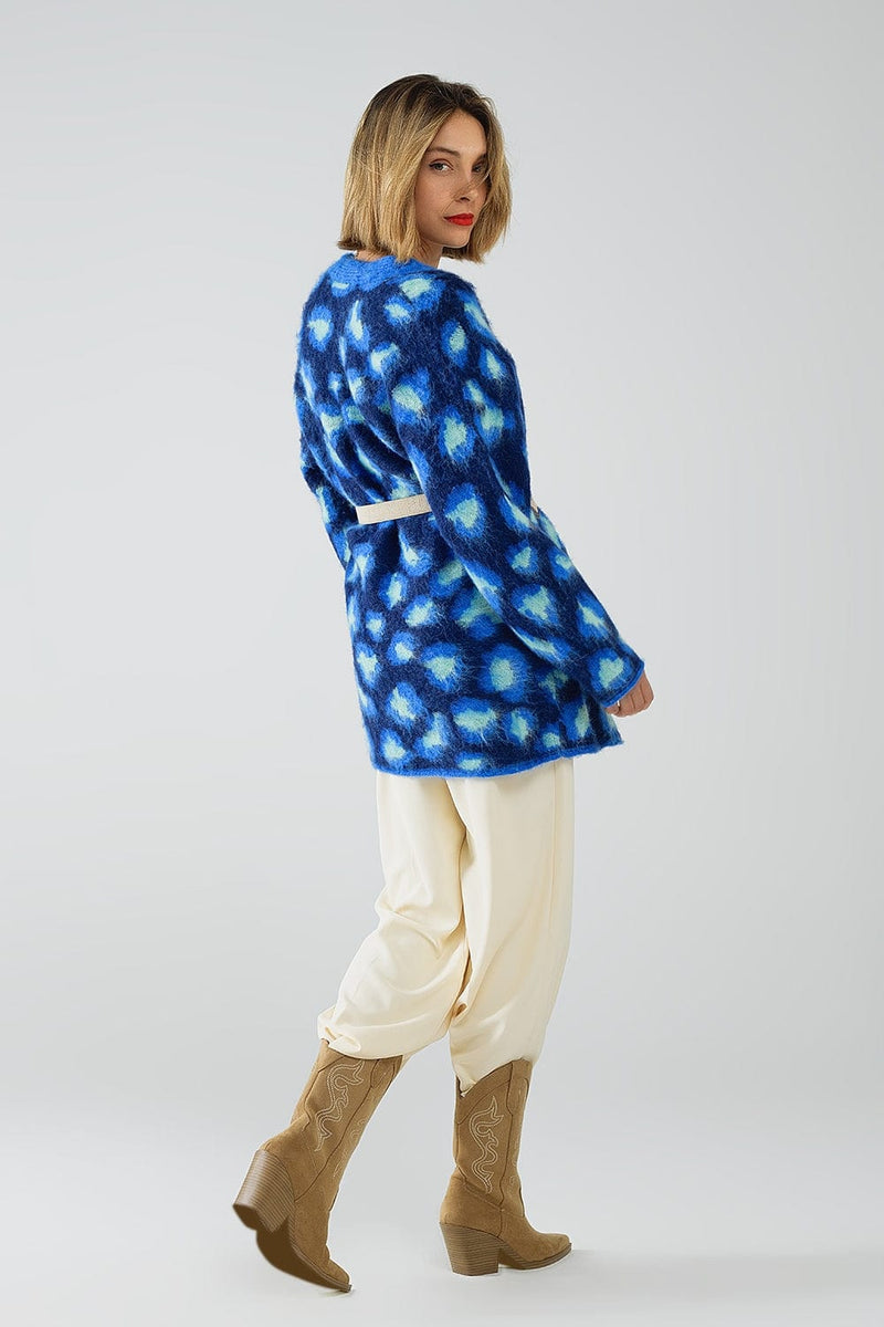 Q2 Women's Sweater One Size / Blue Blue Leopard Print Cardigan With Wool