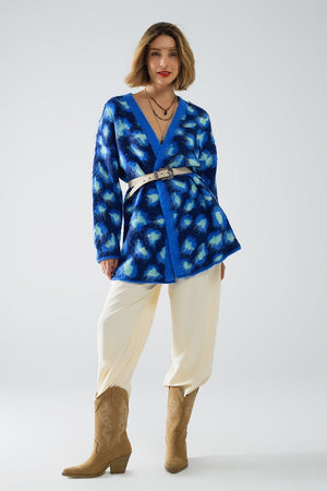 Q2 Women's Sweater One Size / Blue Blue Leopard Print Cardigan With Wool