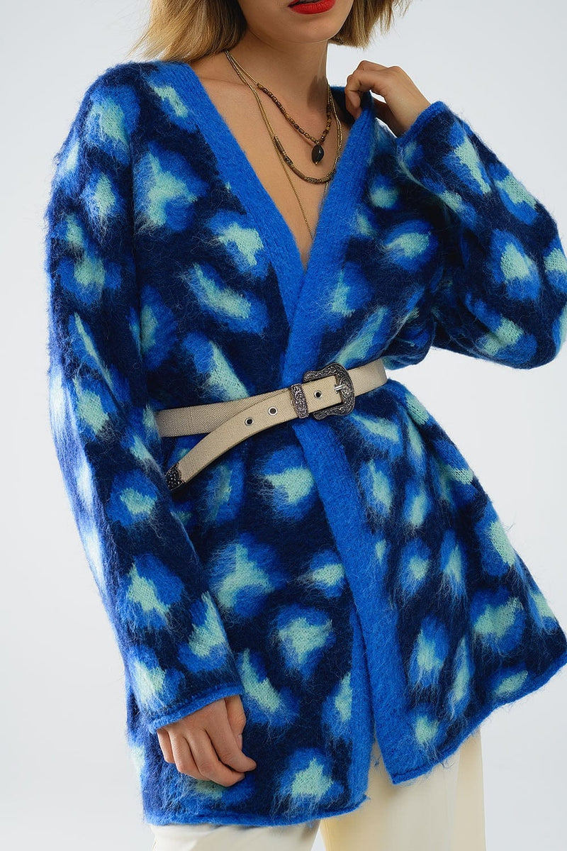 Q2 Women's Sweater One Size / Blue Blue Leopard Print Cardigan With Wool