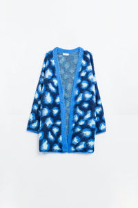 Q2 Women's Sweater One Size / Blue Blue Leopard Print Cardigan With Wool