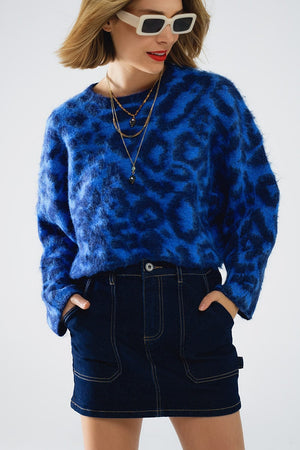 Q2 Women's Sweater One Size / Blue Blue Leopard Print Sweater Made Of Knitted Fabric With Wool