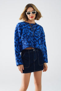 Q2 Women's Sweater One Size / Blue Blue Leopard Print Sweater Made Of Knitted Fabric With Wool